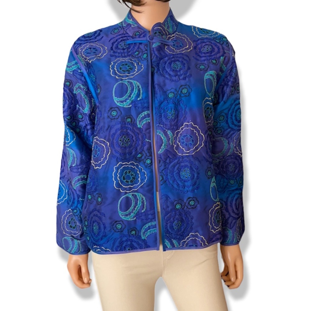 Chico’s Silk Embroidered Blue Floral Jacket Blazer L
